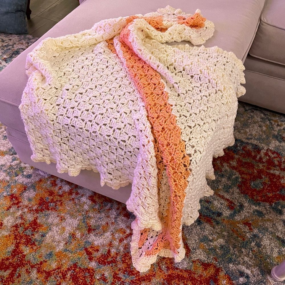 Hand Crocheted Afghan Lap Throw Blanket 39 x 39 Peach Cream Diagonal Stripe